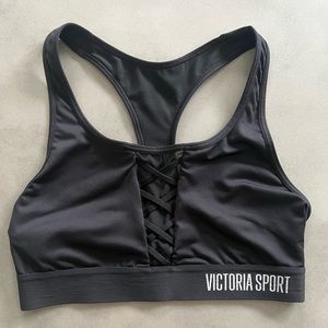VSX Victoria's Secret Black Faux Lace-up Racerback Logo Sport Bra in Sz Small